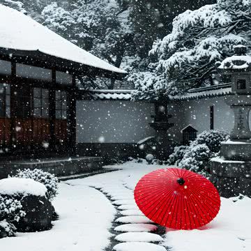 雪降る日本庭園に赤い傘