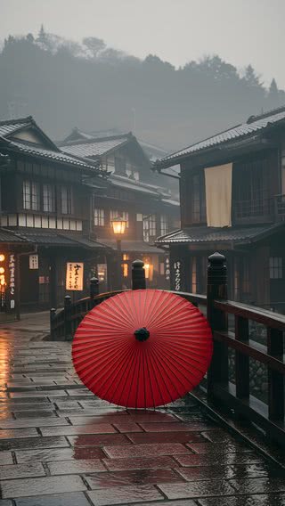 雨上がりの真っ赤な和傘|雨のiPhone壁紙