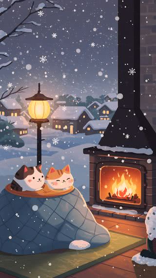 こたつ猫|雪のiPhone壁紙