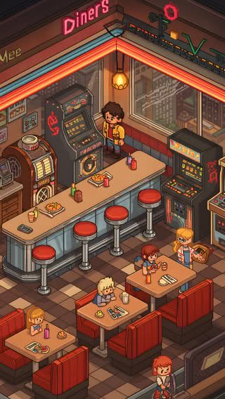 レトロなアメリカンダイナー - ピクセルアート|ドット絵のiPhone壁紙