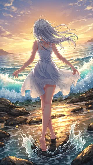 【83位】海辺の少女-アニメイラスト|海のiPhone壁紙