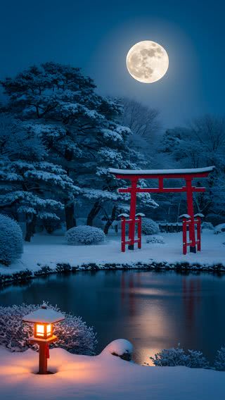 【30位】雪に包まれた日本庭園|ブルーのiPhone壁紙