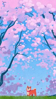 桜と柴犬 | 春のイラスト壁紙