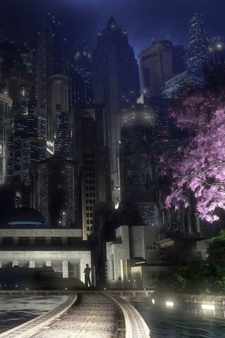 夜の街と夜桜