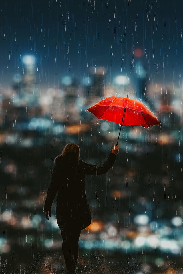 夜の雨と赤い傘 Iphone壁紙ギャラリー