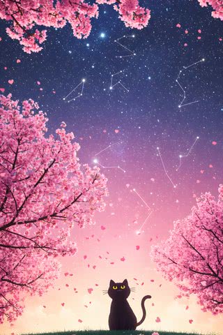 【3位】夜桜と猫|花のiPhone壁紙