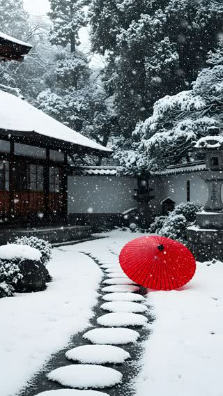 【102位】雪降る日本庭園に赤い傘|ホワイトのiPhone壁紙