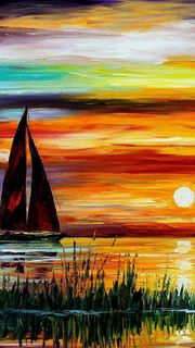 ヨットと夕焼け | 油絵のiPhone壁紙