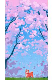 桜を見上げる子犬 | 動物のiPhone壁紙