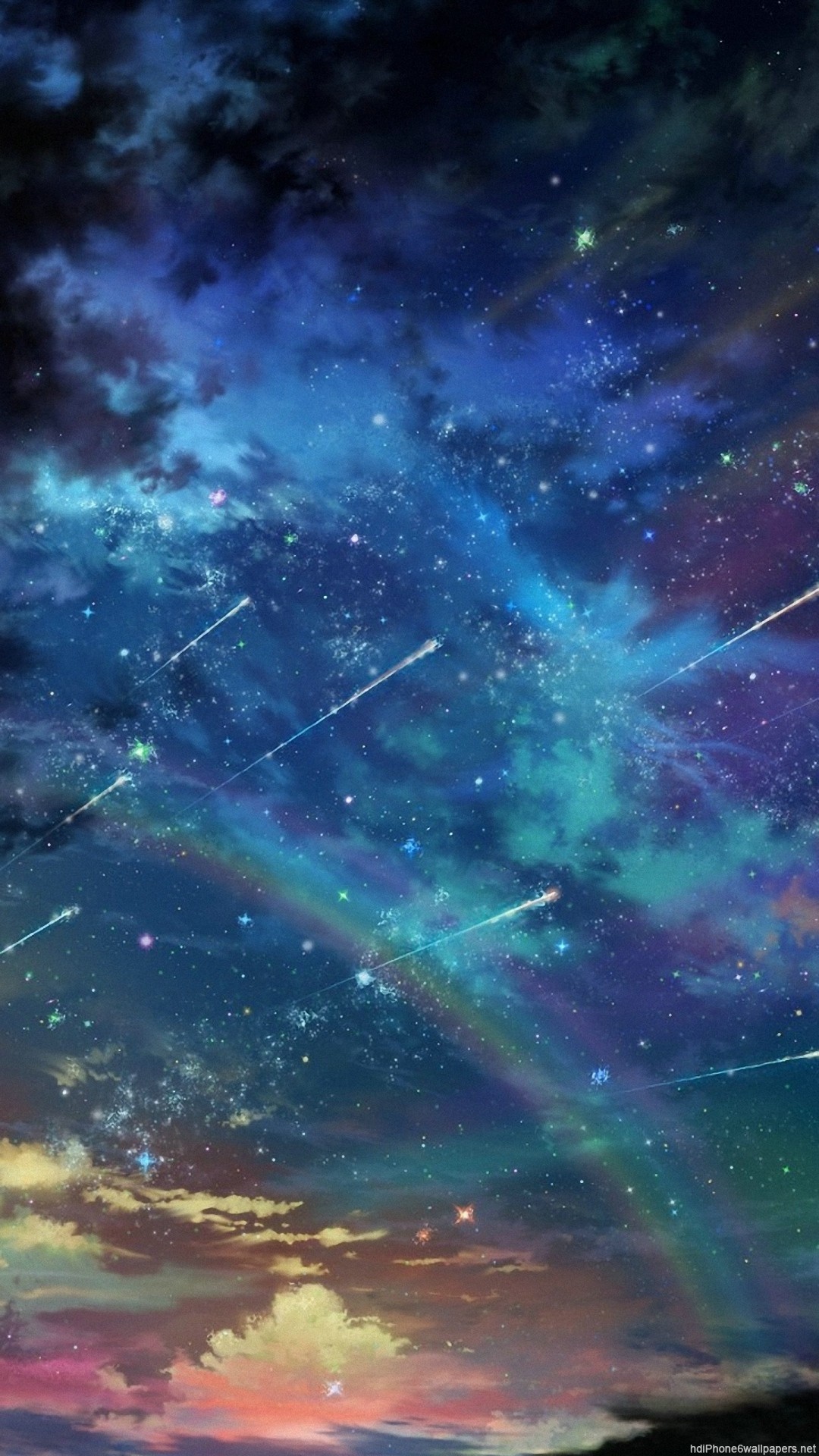 虹と流れ星の奇跡のコラボ宇宙の画像